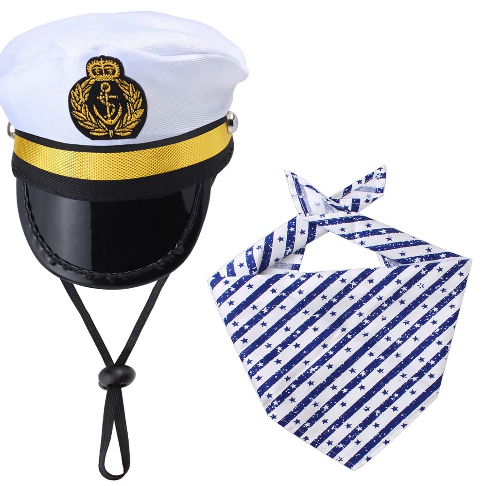 Yewong Pet Captain Sailor Costume Set – Hat & Anchor Bib Scarf for Cats & Dogs (White)