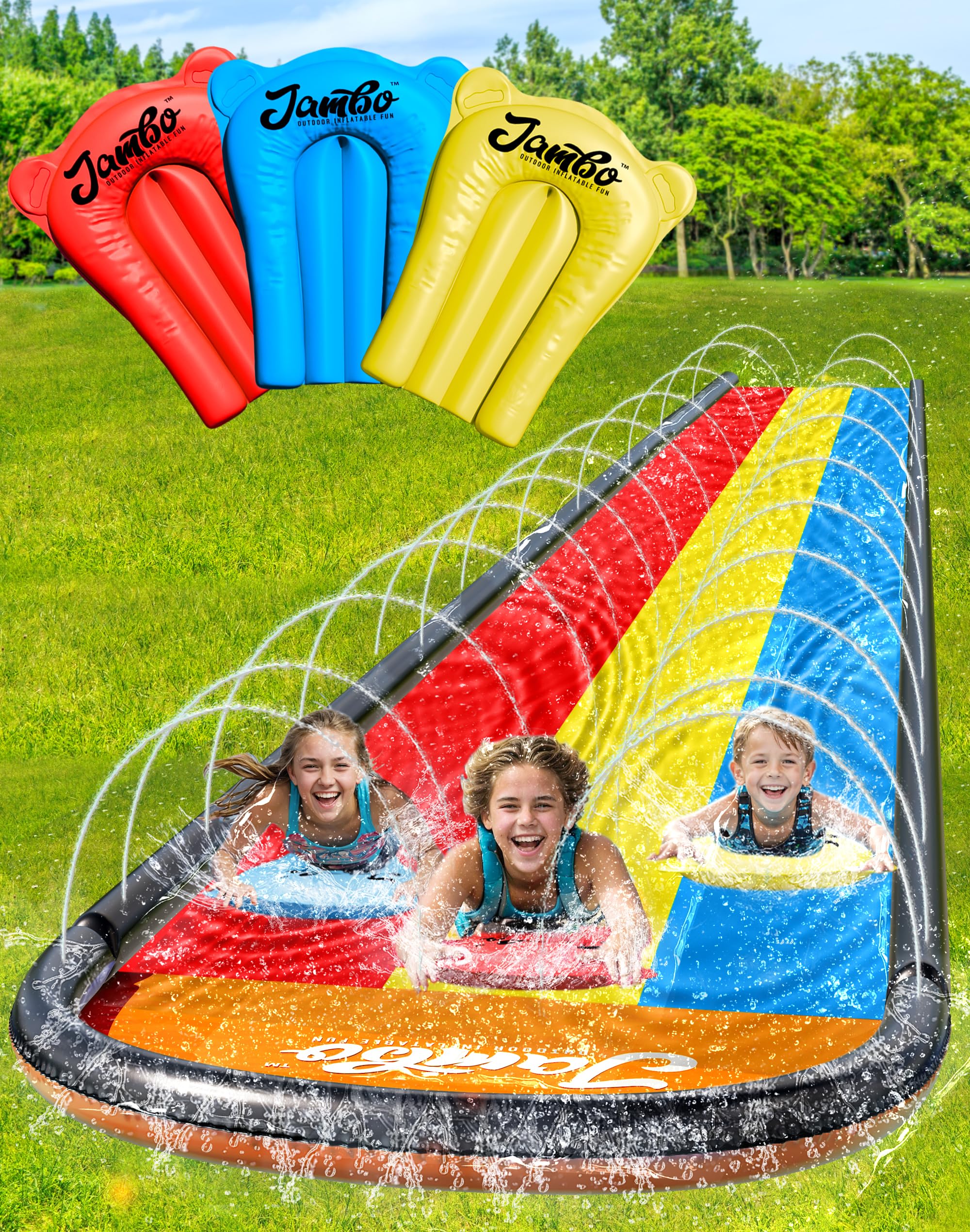 JAMBO 16FT 3-Lane Slip & Slide – Heavy Duty Water Slide with Sprinkler System for Kids