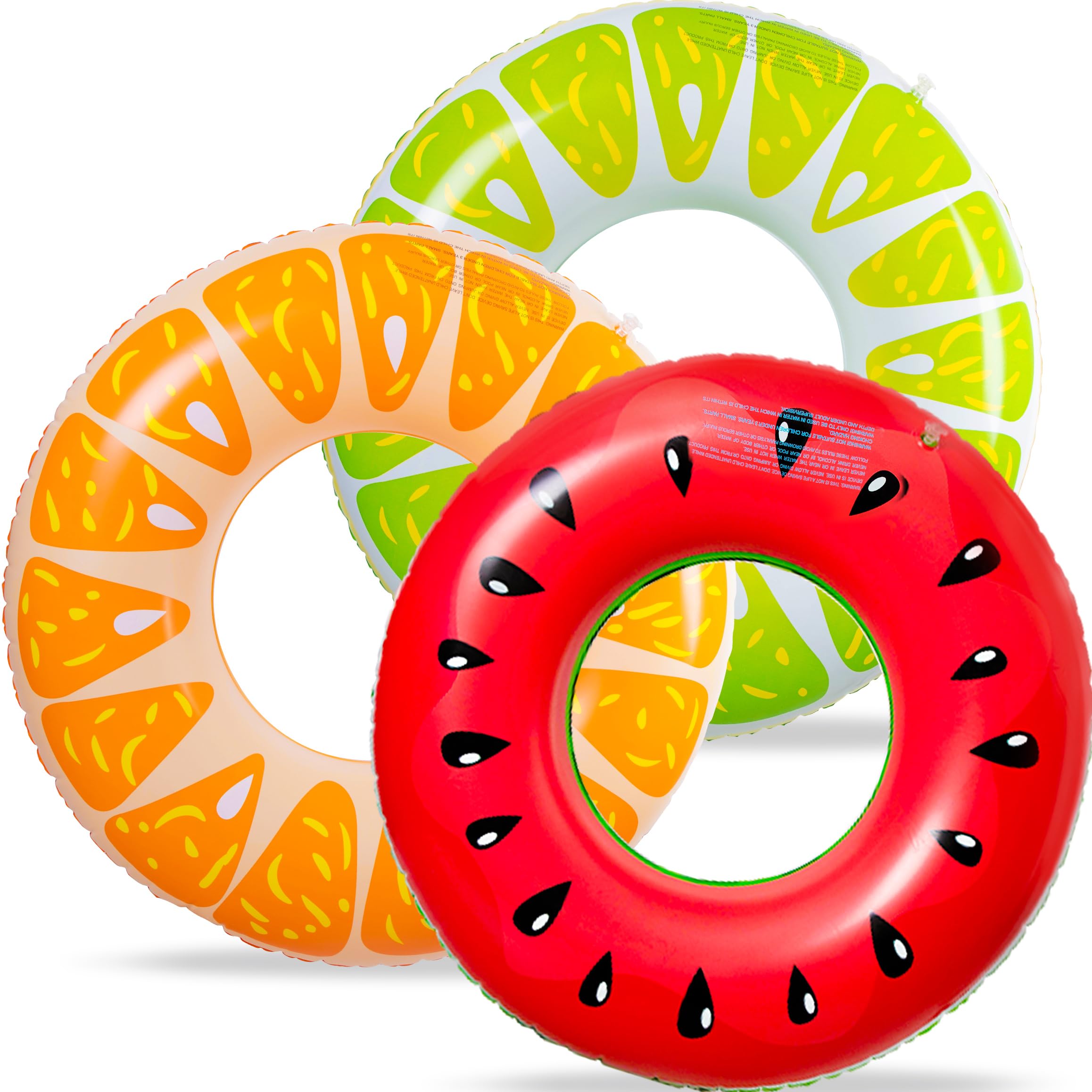 90shine 3PCS Fruit Pool Floats – Inflatable Swim Rings (Watermelon, Orange, Lime)