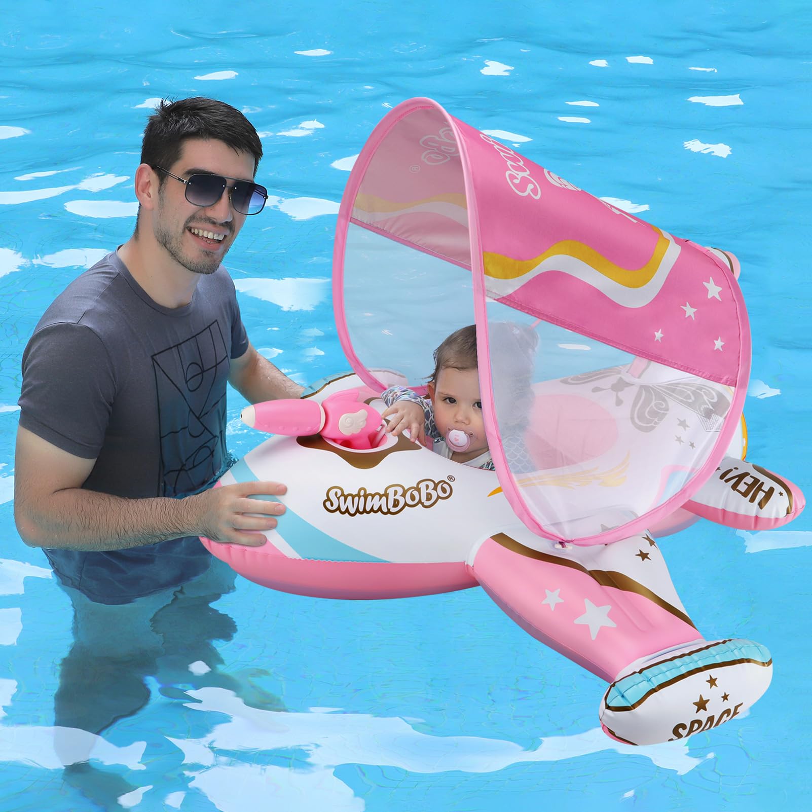 Swimbobo Baby Pool Float with Canopy – Pink Airplane Design